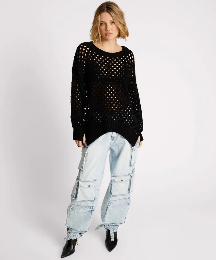One Teaspoon Knitwear Women Knitted Fishnet Sweater Zip Side USA