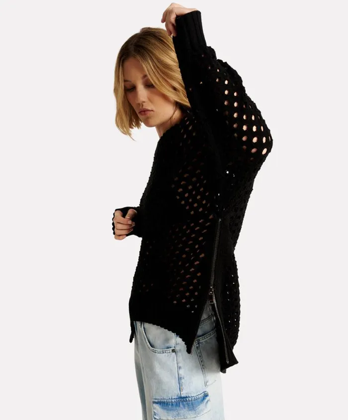 One Teaspoon Knitwear Women Knitted Fishnet Sweater Zip Side USA