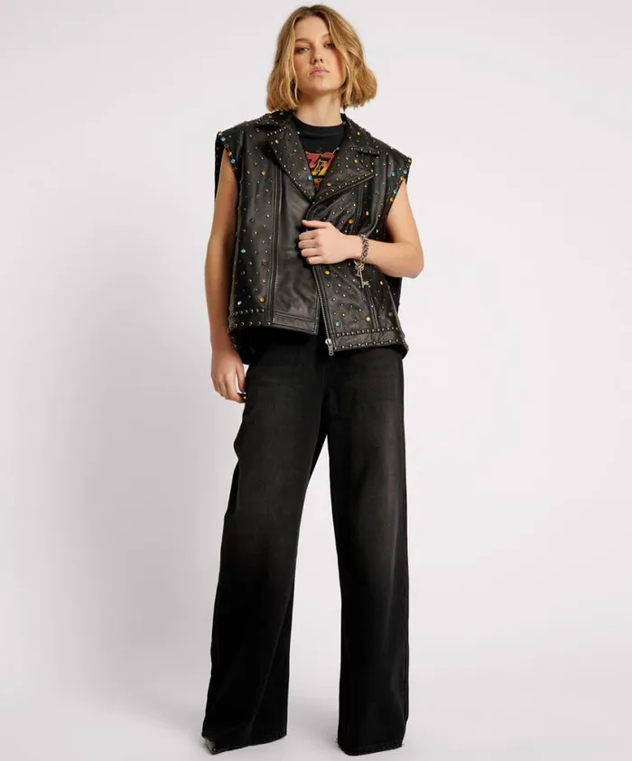 One Teaspoon Leather Jackets Women Studded Jewel Leather Eagle Punk Sleeveless Jacket