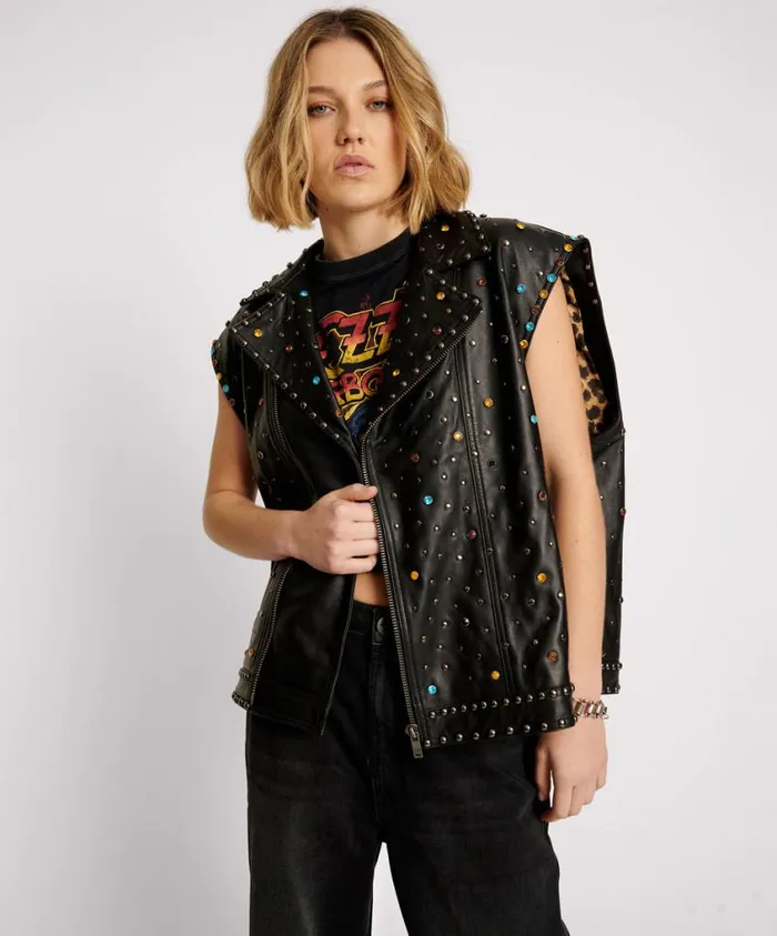 One Teaspoon Leather Jackets Women Studded Jewel Leather Eagle Punk Sleeveless Jacket