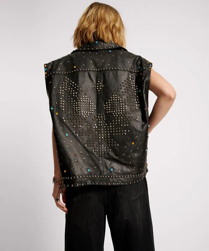 One Teaspoon Leather Jackets Women Studded Jewel Leather Eagle Punk Sleeveless Jacket