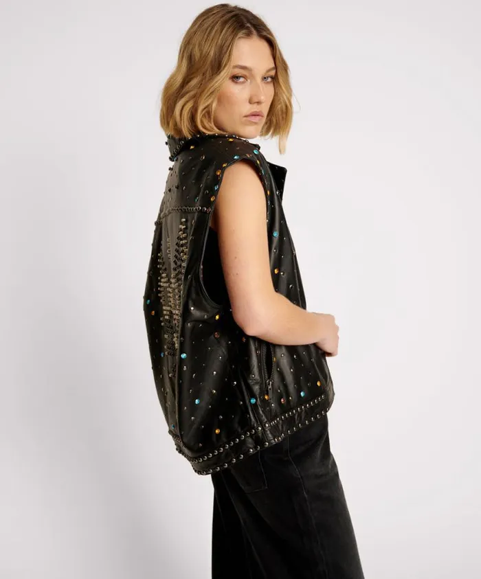 One Teaspoon Leather Jackets Women Studded Jewel Leather Eagle Punk Sleeveless Jacket