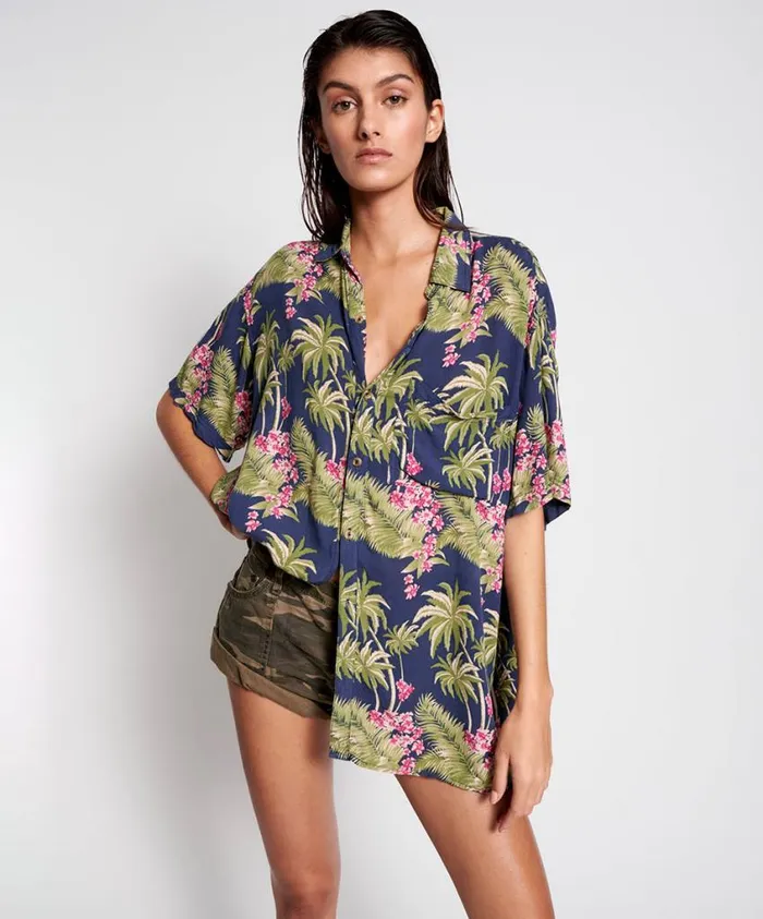 One Teaspoon Shirts Women Hawaiian Shirt Blue