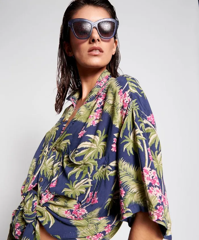 One Teaspoon Shirts Women Hawaiian Shirt Blue