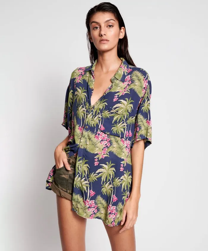 One Teaspoon Shirts Women Hawaiian Shirt Blue