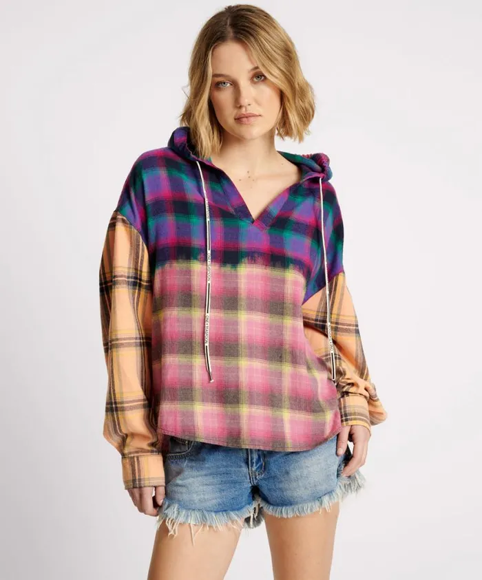 One Teaspoon Shirts Women Mixed Flannel Hooded Shirt