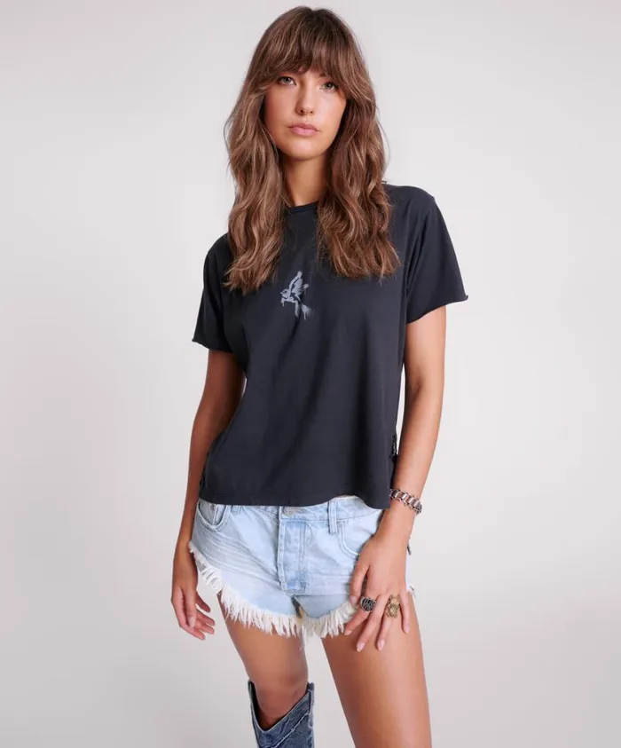 One Teaspoon Tees and Tanks Women Black Graffiti Bird Split Hem Tee