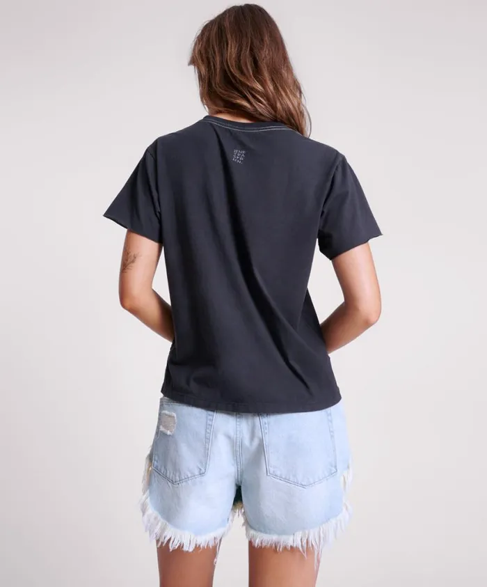 One Teaspoon Tees and Tanks Women Black Graffiti Bird Split Hem Tee