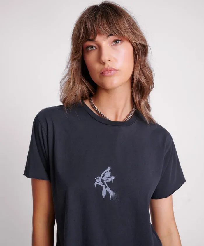 One Teaspoon Tees and Tanks Women Black Graffiti Bird Split Hem Tee