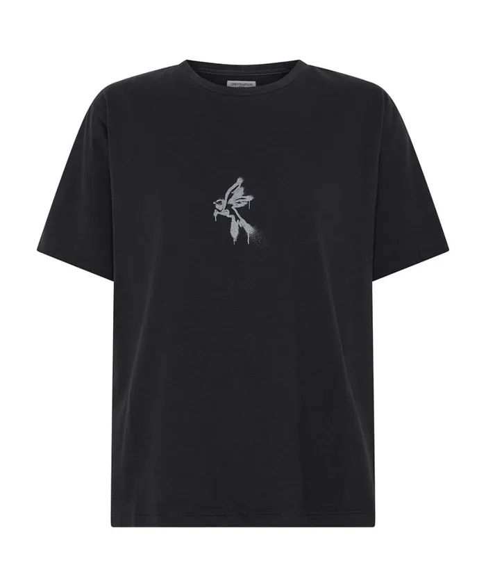 One Teaspoon Tees and Tanks Women Black Graffiti Bird Split Hem Tee