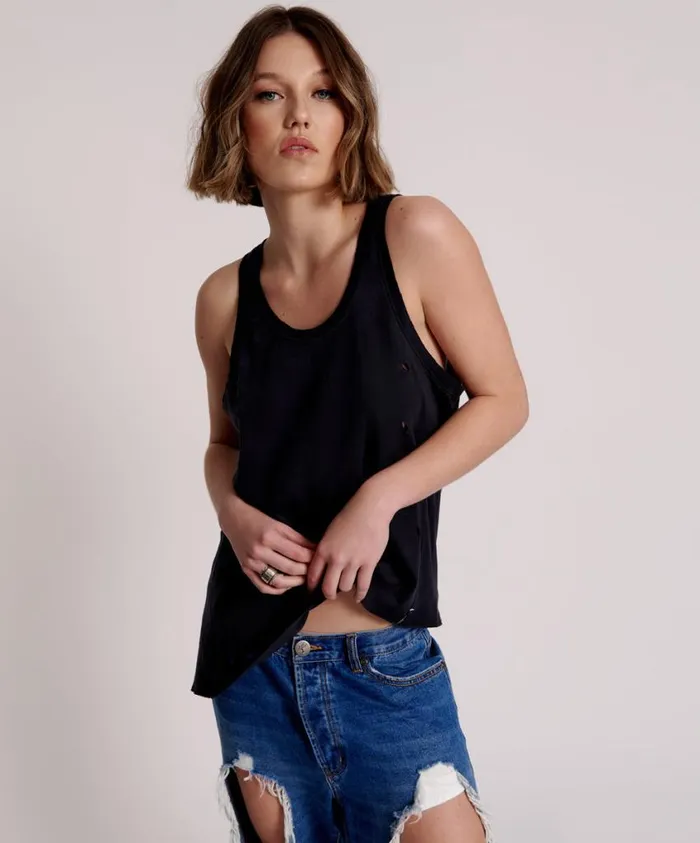 One Teaspoon Tees and Tanks Women Black Stone Ribbed Distressed Daddio Singlet