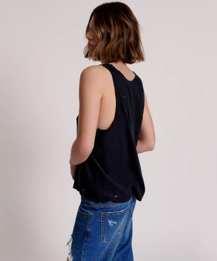 One Teaspoon Tees and Tanks Women Black Stone Ribbed Distressed Daddio Singlet