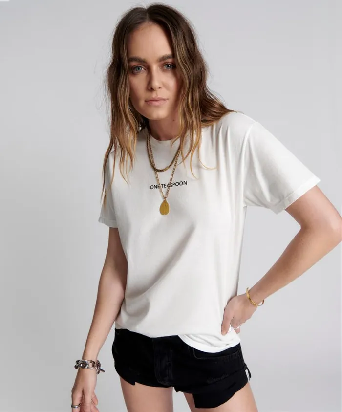 One Teaspoon Tees and Tanks Women One Teaspoon Crew Neck Logo Tee White USA