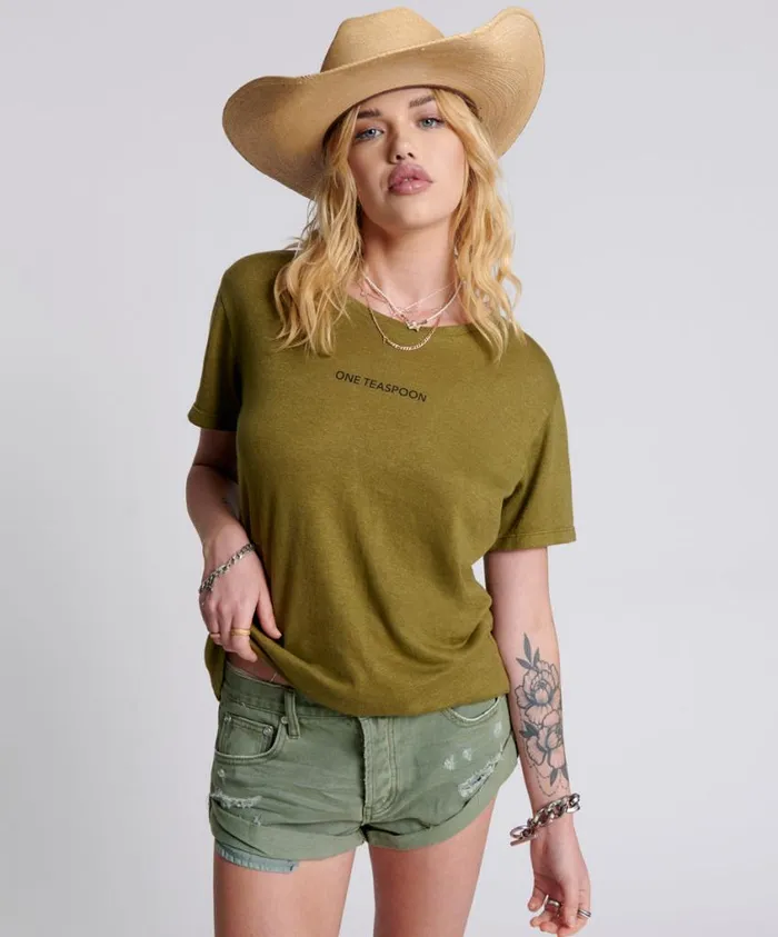 One Teaspoon Tees and Tanks Women One Teaspoon Linen Crew Neck Basic Tee Khaki USA