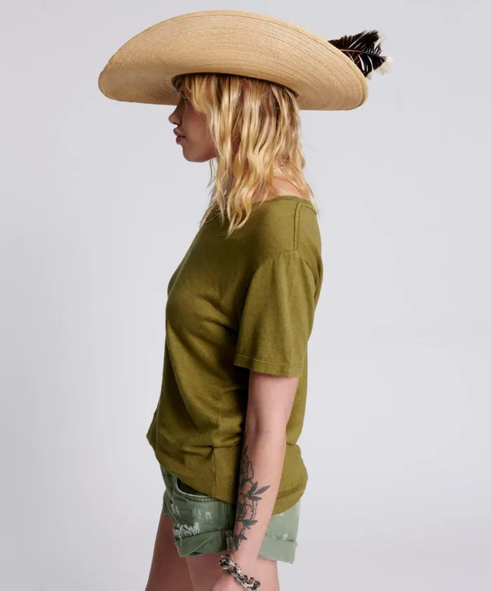 One Teaspoon Tees and Tanks Women One Teaspoon Linen Crew Neck Basic Tee Khaki USA