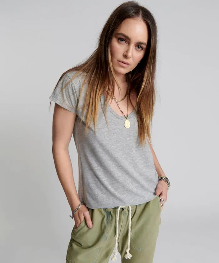 One Teaspoon Tees and Tanks Women One Teaspoon Scoop Neck Basic Tee Grey USA
