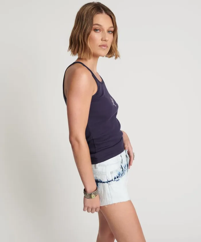 One Teaspoon Tees and Tanks Women Petrol Bower Bird Ribbed Tank Top