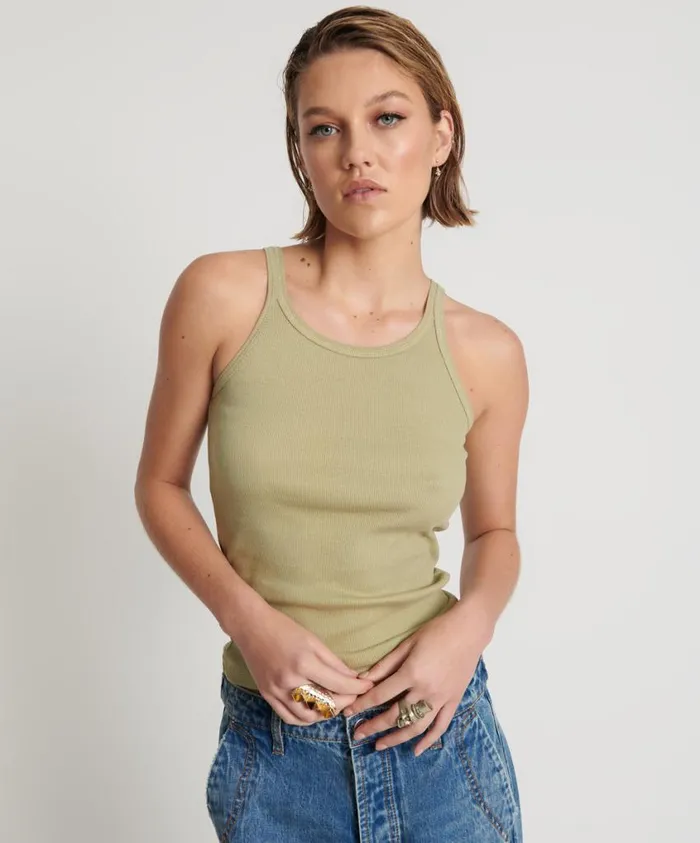 One Teaspoon Tees and Tanks Women Sage Green Bamboo Logo Singlet