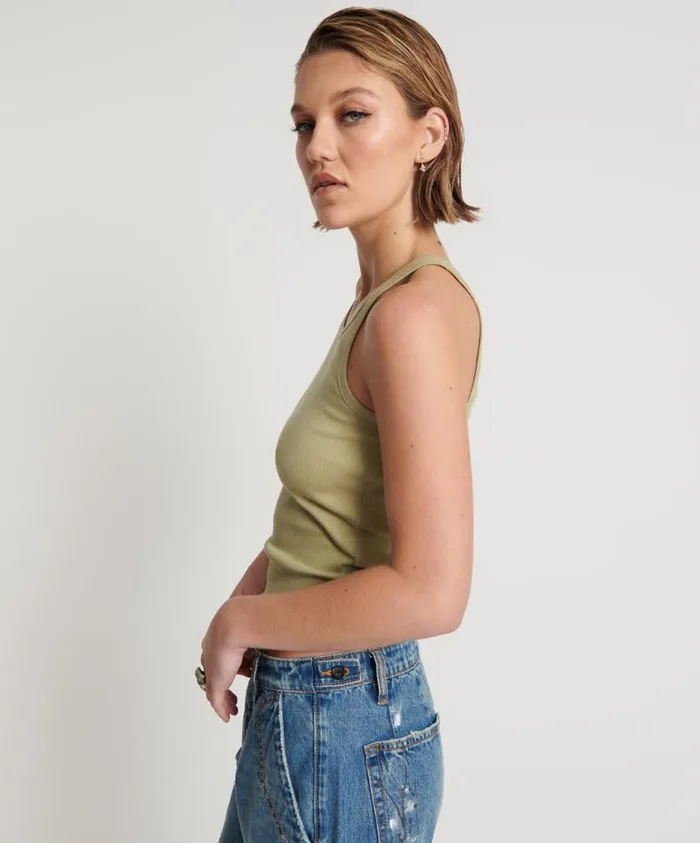 One Teaspoon Tees and Tanks Women Sage Green Bamboo Logo Singlet