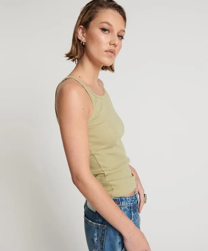 One Teaspoon Tees and Tanks Women Sage Green Bamboo Logo Singlet