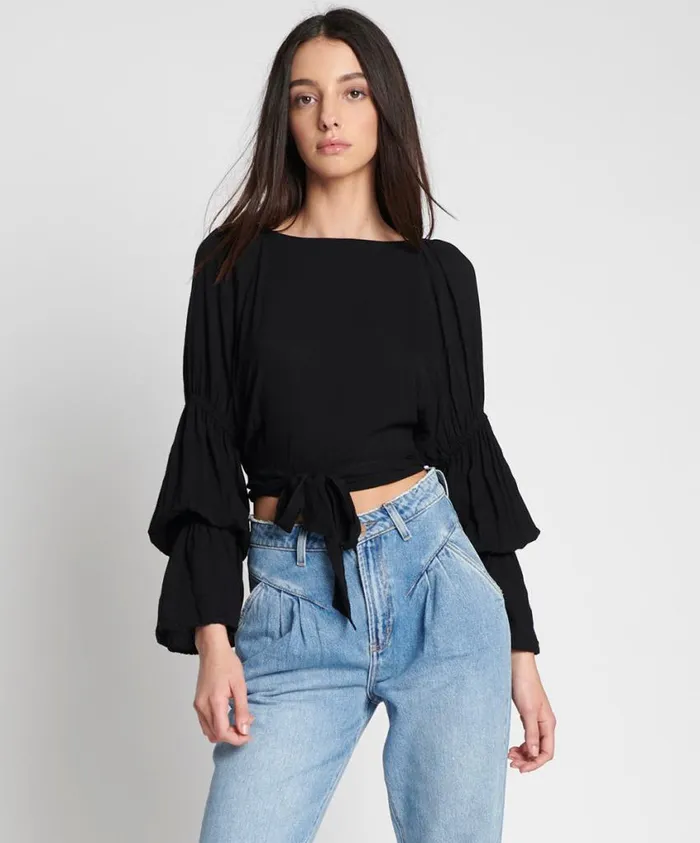 One Teaspoon Tops Women Black Summer Nights Crop Longsleeve Top