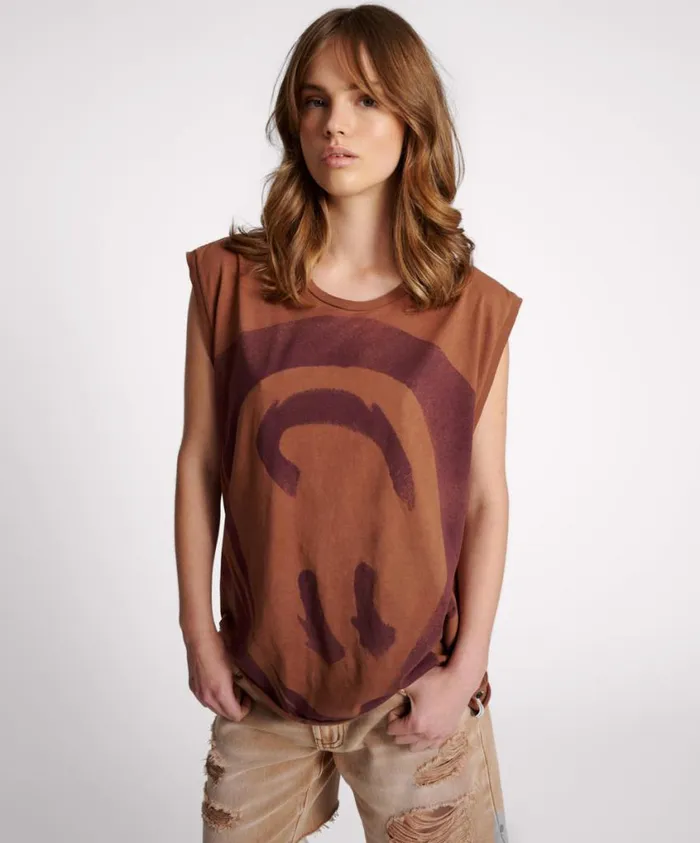 One Teaspoon Tops Women Hand Sprayed Smiley Oversized Tank