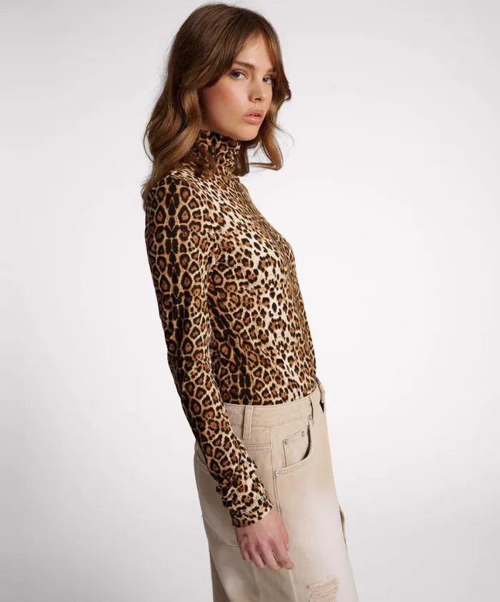 One Teaspoon Tops Women Leopard Jersey Turtle Neck Long Sleeve Top