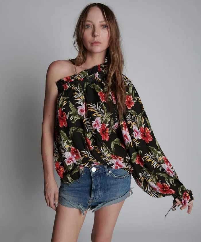 One Teaspoon Tops Women Night Flower Hawaiian One Shoulder Top