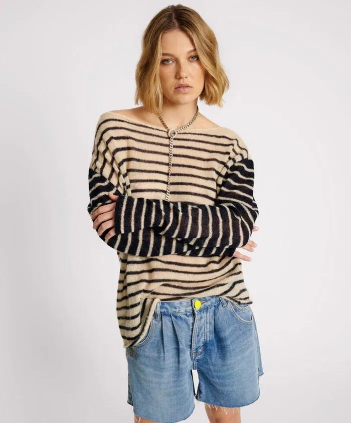 One Teaspoon Tops Women Wide Neck Striped Mohair Sweater