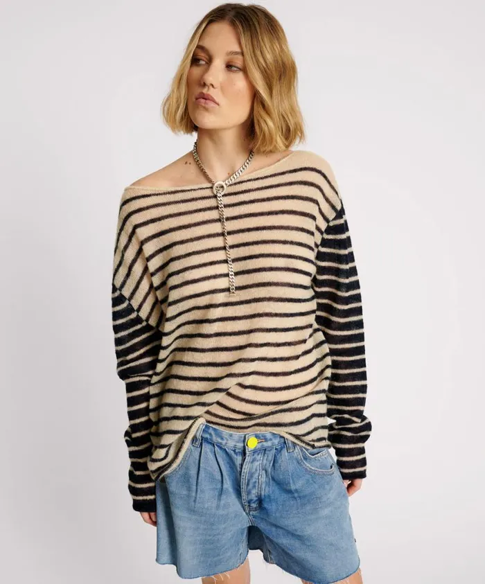One Teaspoon Tops Women Wide Neck Striped Mohair Sweater