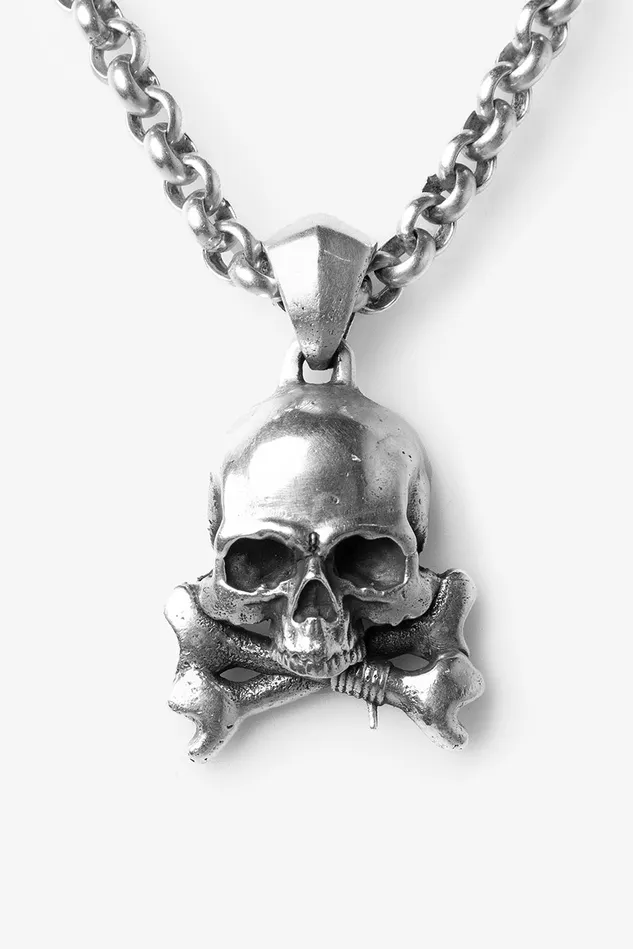 OTHER 0925 MENWOMEN 925 Skull and Crossbones Pendant Necklace Silver