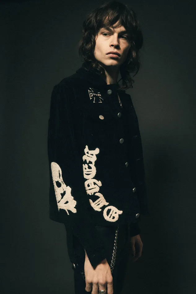 OTHER COATS and JACKETS MEN The Skull and Crossbones Patched Cord Trucker Jacket Black