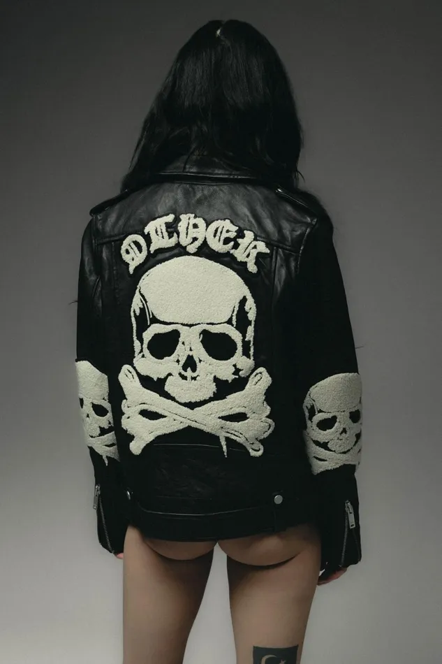 OTHER LEATHER JACKETS WOMEN The Skull and Crossbones Patch Deuce Biker Jacket Vintage Black