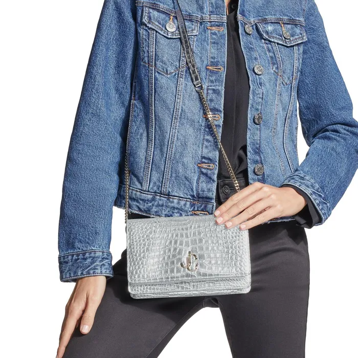 Palace Metallic Silver CrocEmbossed Leather Mini Bag With Jc Emblem Silver Women JIMMY CHOO Small Leather Goods