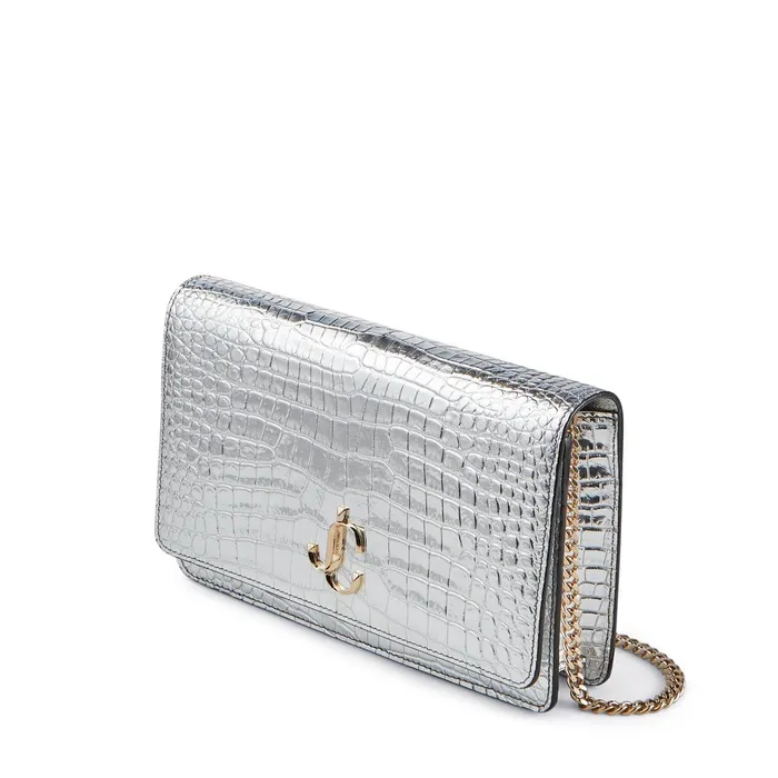 Palace Metallic Silver CrocEmbossed Leather Mini Bag With Jc Emblem Silver Women JIMMY CHOO Small Leather Goods