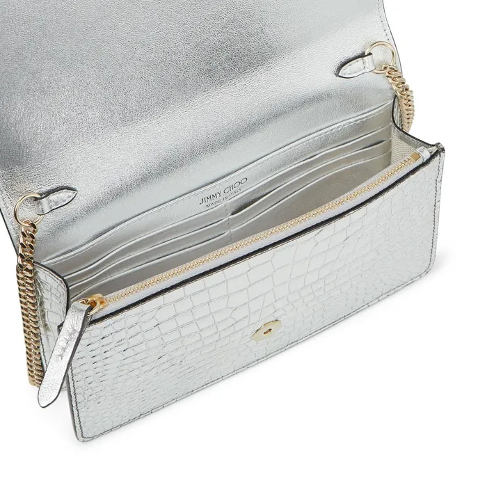 Palace Metallic Silver CrocEmbossed Leather Mini Bag With Jc Emblem Silver Women JIMMY CHOO Small Leather Goods