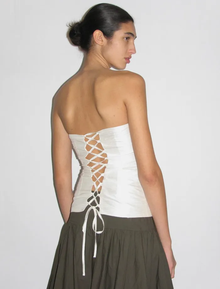 Paloma Wool AGNESWhite Doublelayer Silk Bandeau Top With Adjustable Back Tie Women Tops