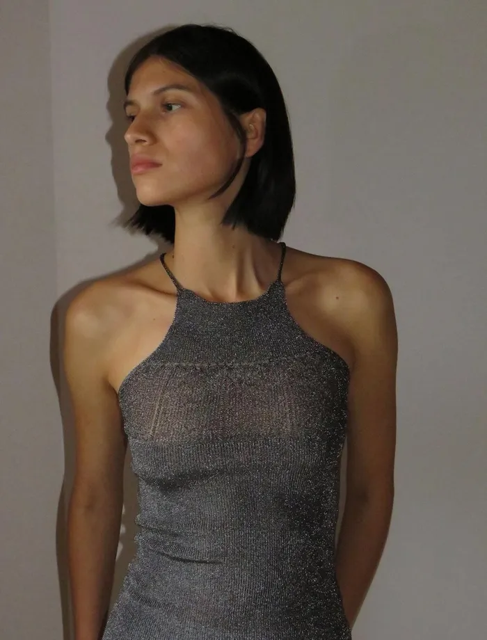 Paloma Wool CONANDark Silver Metallic Knitted Top With Crossed Straps On The Back Women Tops