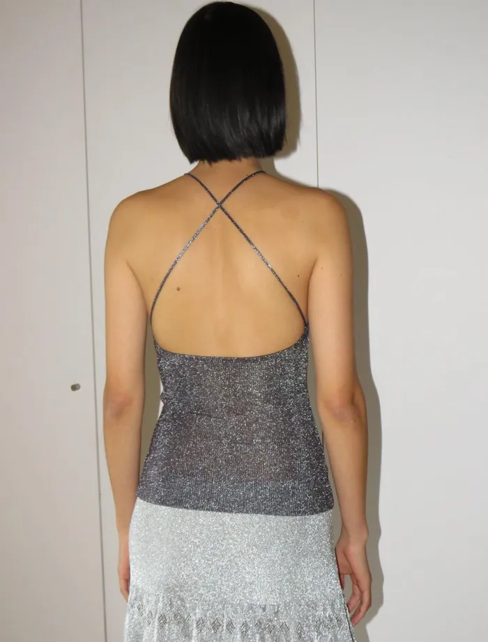 Paloma Wool CONANDark Silver Metallic Knitted Top With Crossed Straps On The Back Women Tops