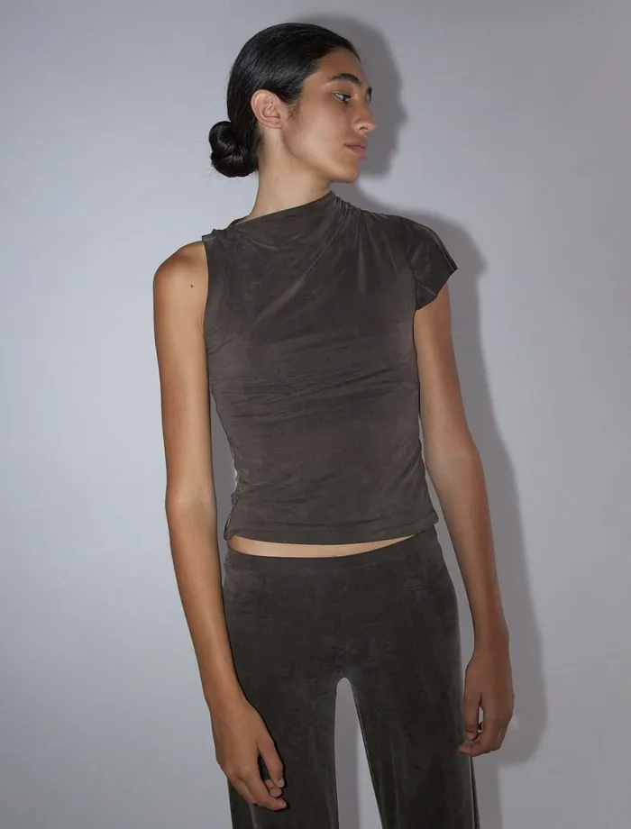 Paloma Wool ELVIRA Brown Asymmetric Sleeve Softneck Cupro Top Women Tops