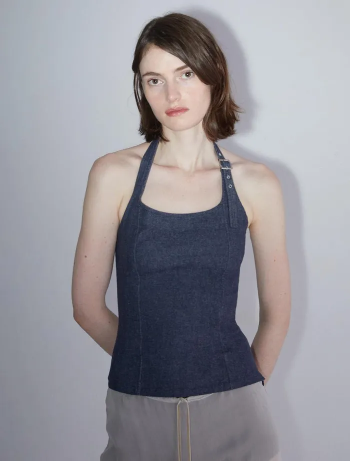 Paloma Wool GALIENADenim Effect Halter Top With Adjustable Buckle On The Strap Women Tops Paloma Wool GALIENADenim Effect Halter Top With Adjustable Buckle On The Strap Women Tops