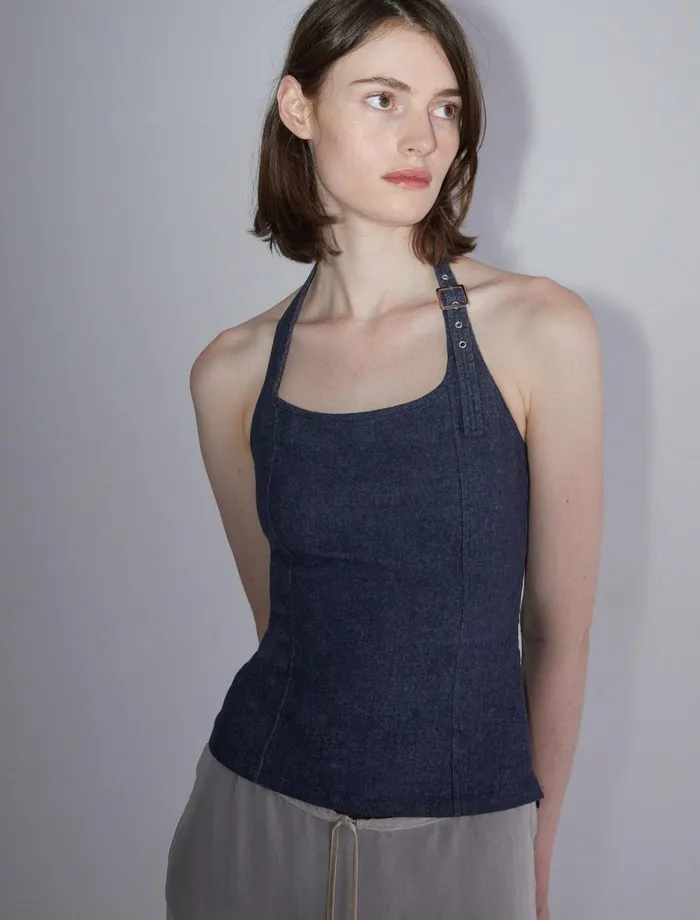 Paloma Wool GALIENADenim Effect Halter Top With Adjustable Buckle On The Strap Women Tops