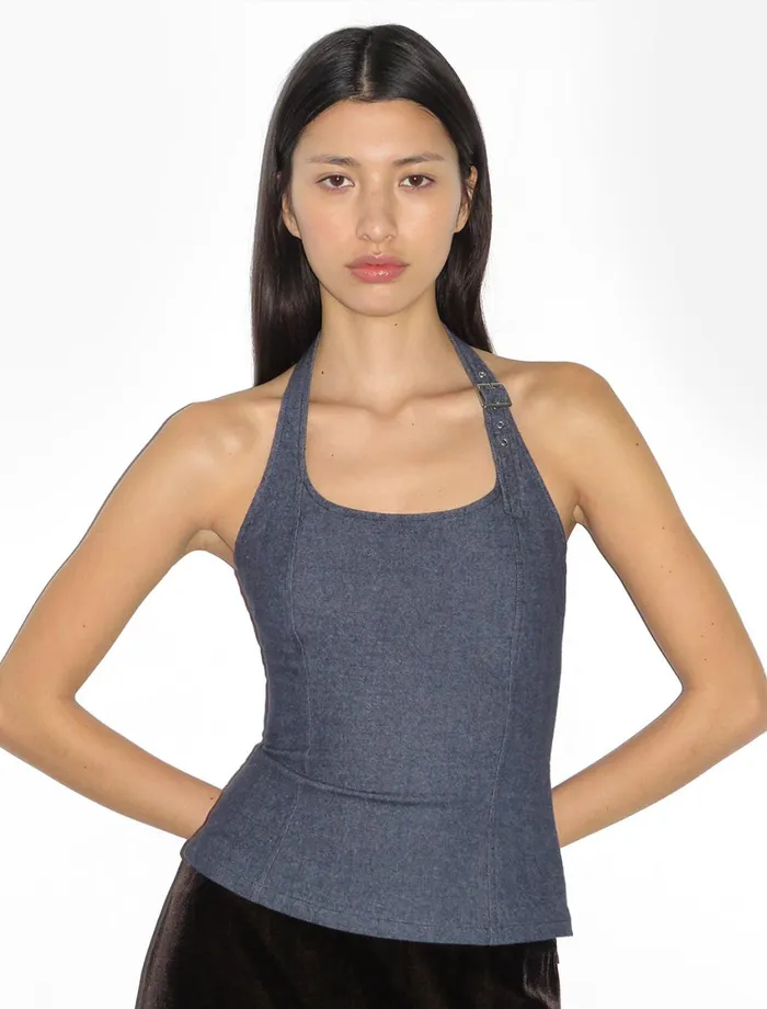 Paloma Wool GALIENADenim Effect Halter Top With Adjustable Buckle On The Strap Women Tops