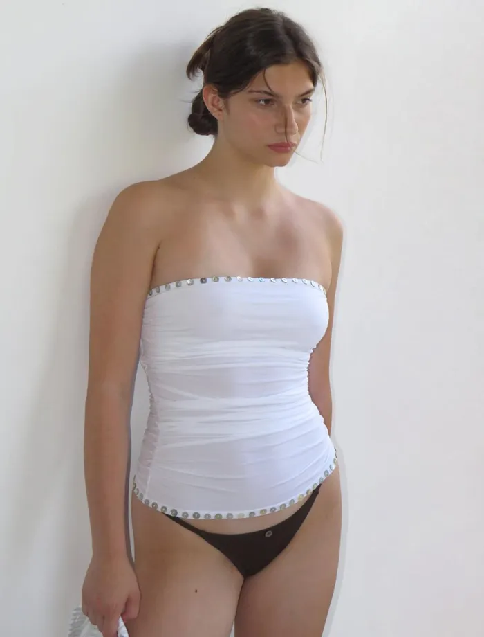 Paloma Wool JULIETBandeau Top With Ruched Sides And Motherofpearl Buttons Women Tops