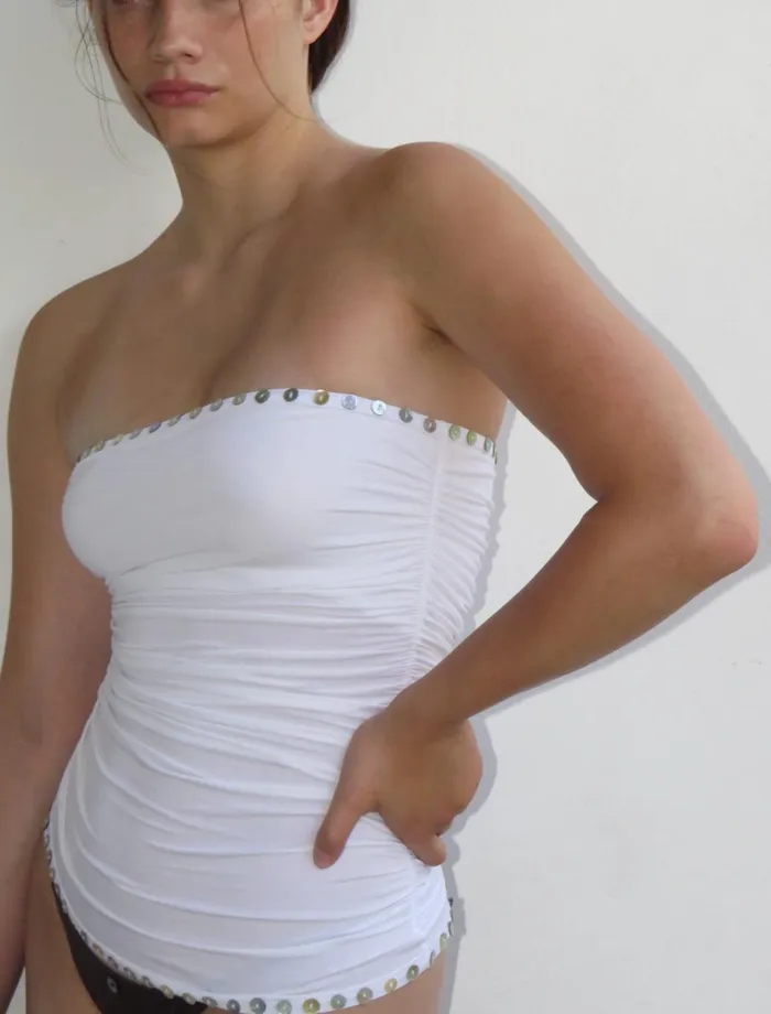 Paloma Wool JULIETBandeau Top With Ruched Sides And Motherofpearl Buttons Women Tops