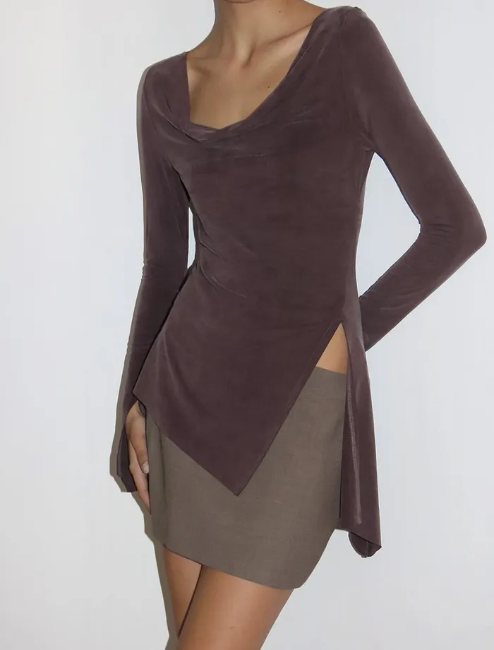 Paloma Wool LOTTOMahogany Asymmetric Longsleeved Cupro Top With Cuffs And Side Slit Women Cupro