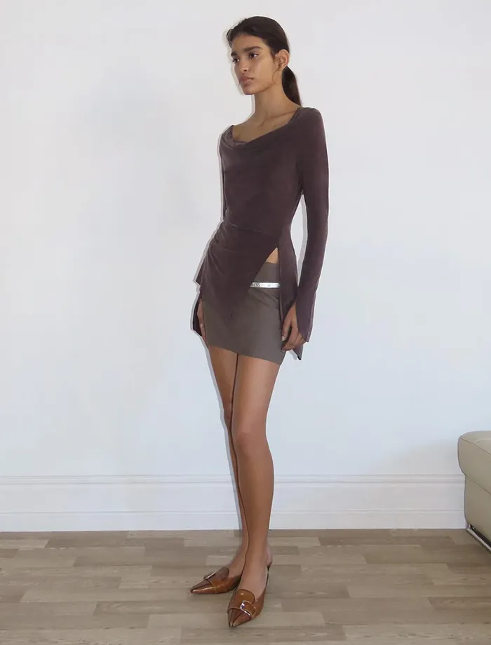 Paloma Wool LOTTOMahogany Asymmetric Longsleeved Cupro Top With Cuffs And Side Slit Women Cupro
