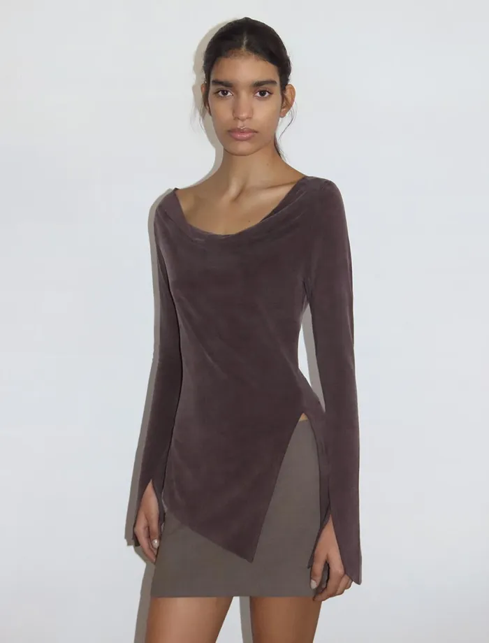 Paloma Wool LOTTOMahogany Asymmetric Longsleeved Cupro Top With Cuffs And Side Slit Women Cupro