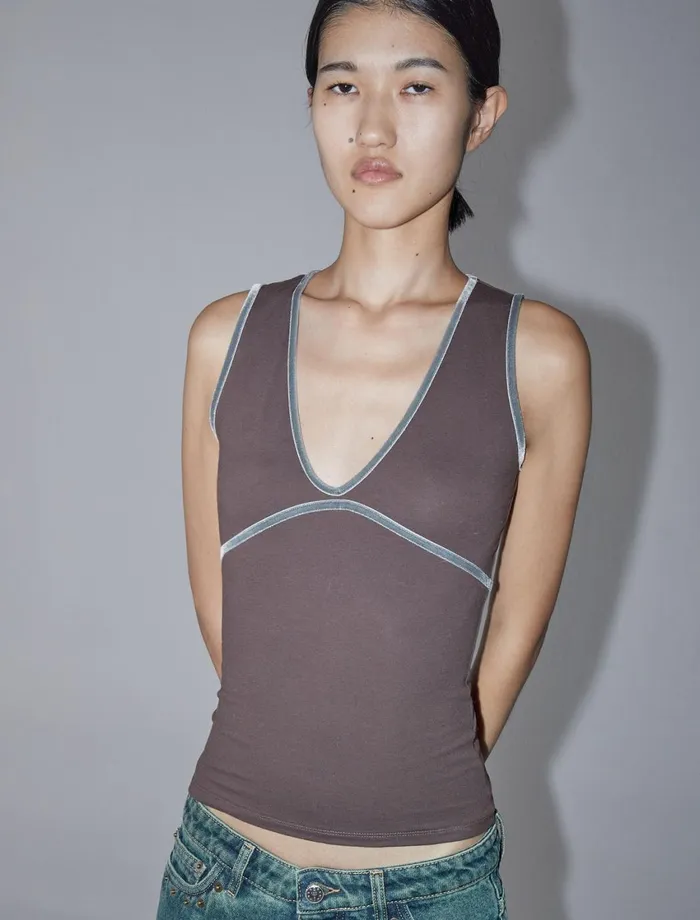Paloma Wool MAKYBrown Sleeveless Vneck Top With Velvet Ribbon Chest And Neckline Women Tops