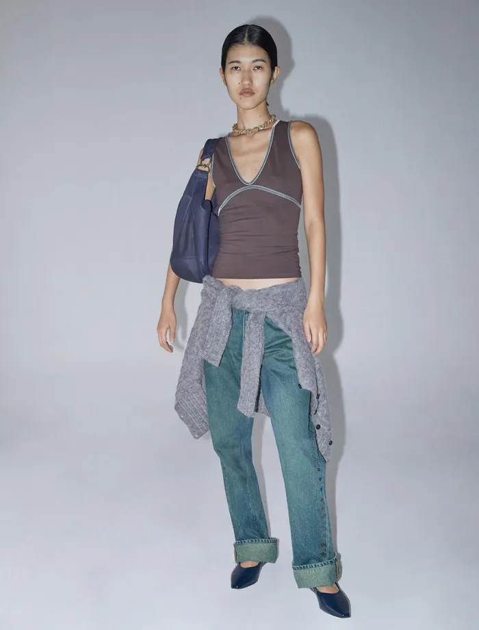 Paloma Wool MAKYBrown Sleeveless Vneck Top With Velvet Ribbon Chest And Neckline Women Tops